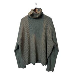 H&M XXL Ribbed Turtleneck Sweater with Distressed Neckline – Sage Green Oversize